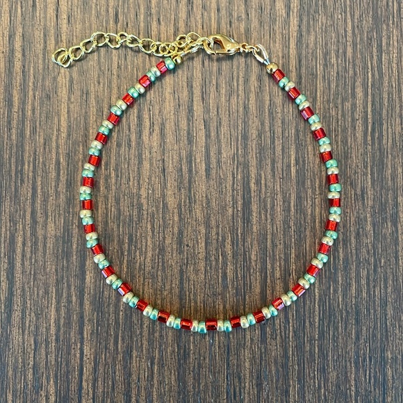 Hand Crafted Jewelry - HAND CRAFTED BRACELET Red Green Gold Dainty Holiday Bracelet